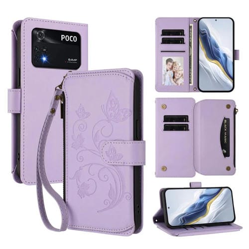Funda de cuero con cremallera para Xiaomi Poco M4 Pro 4G, diseño de mariposas, flores y múltiples tarjetas (morado claro)