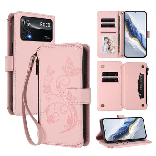 Funda de cuero con cremallera para Xiaomi Poco X4 Pro 5G, diseño de mariposas, flores y mariposas (rosa)
