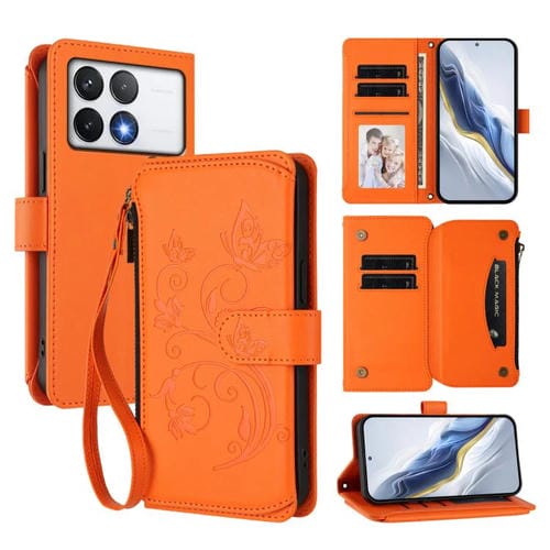 Funda de cuero con cremallera para Xiaomi Poco F6 Pro, diseño de mariposas, flores y mariposas (naranja)