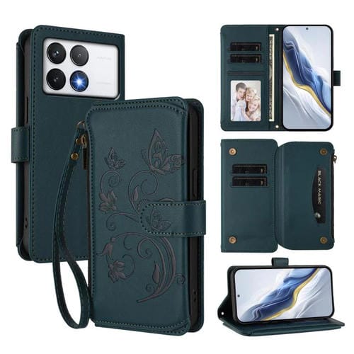 Funda de cuero con cremallera para Xiaomi Poco F6 Pro, diseño de mariposas, flores y mariposas (verde oscuro)