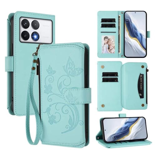 Funda de cuero con cremallera para Xiaomi Poco F6 Pro, diseño de mariposas y flores, con múltiples tarjetas (verde menta)