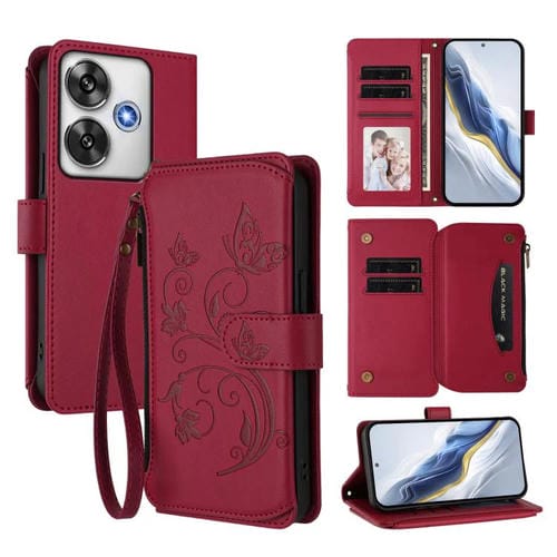 Funda de cuero con cremallera para Xiaomi Poco F6, diseño de mariposas, flores y mariposas (rojo vino)
