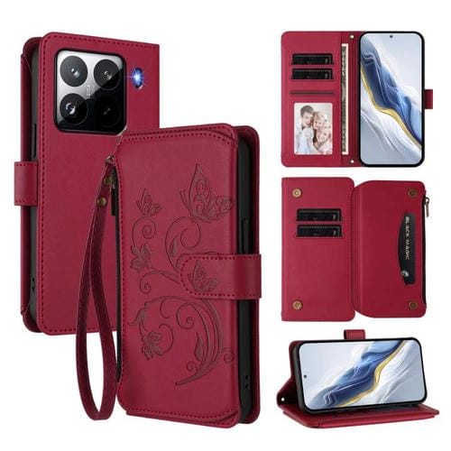 Funda de cuero con cremallera para Xiaomi 15 Pro, diseño de mariposas, flores y mariposas (rojo vino)