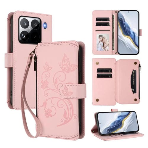 Funda de cuero con cremallera para Xiaomi 15 Pro, diseño de mariposas, flores y mariposas (rosa)