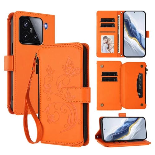 Funda de cuero con cremallera para Xiaomi 15, diseño de mariposas, flores y múltiples tarjetas (naranja)