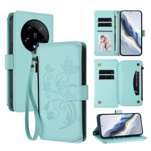 Funda de cuero con cremallera para Xiaomi 14 Ultra, diseño de mariposas y flores, con múltiples tarjetas (verde menta)