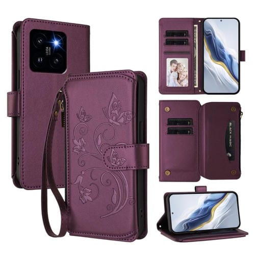 Funda de cuero con cremallera para Xiaomi 14 Pro, diseño de mariposas, flores y mariposas (morado oscuro)