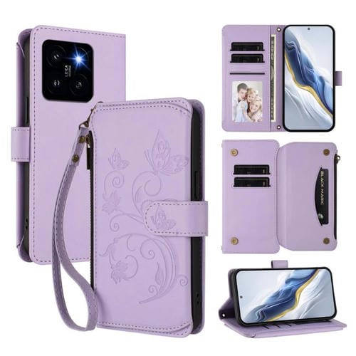 Funda de cuero con cremallera para Xiaomi 14 Pro, diseño de mariposas, flores y múltiples tarjetas (morado claro)