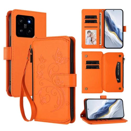 Funda de cuero con cremallera para Xiaomi 14, diseño de mariposas y flores, con múltiples tarjetas (naranja)