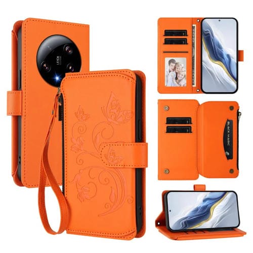 Funda de cuero con cremallera para Xiaomi 13 Ultra, diseño de mariposa, amor y flores, con múltiples tarjetas (naranja)