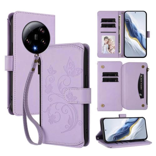 Funda de cuero con cremallera para Xiaomi 13 Ultra, diseño de mariposa, amor y flores, con múltiples tarjetas (morado claro)