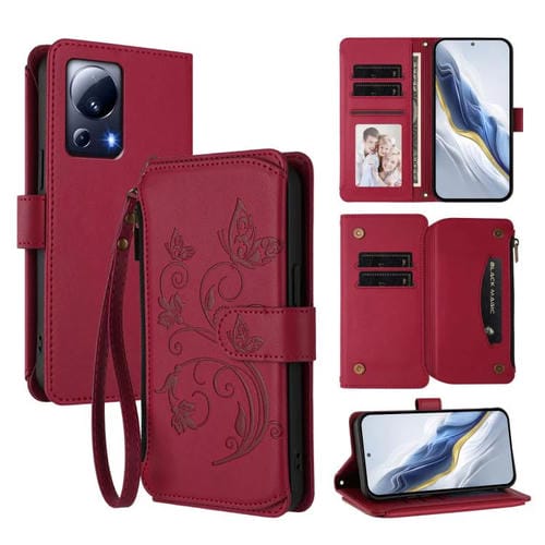 Funda de cuero con cremallera para Xiaomi 13 Lite / Civi 2, diseño de mariposas y flores (rojo vino)