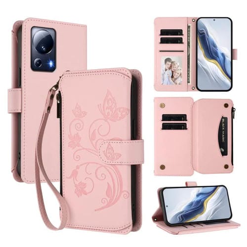 Funda de cuero con cremallera para Xiaomi 13 Lite / Civi 2, diseño de mariposas, flores y mariposas (rosa)