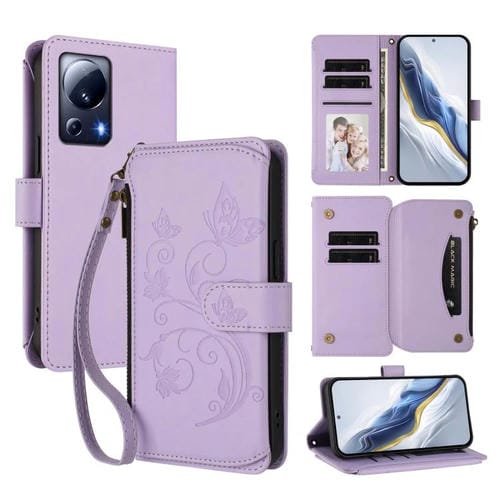 Funda de cuero con cremallera para Xiaomi 13 Lite / Civi 2, diseño de mariposas y flores (morado claro)