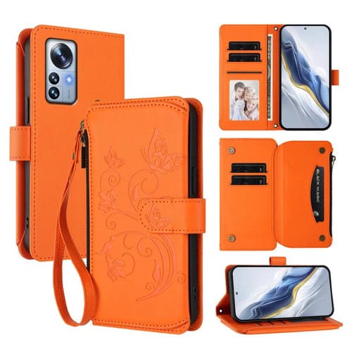 Funda de cuero con cremallera para Xiaomi 12 Pro / 12S Pro, diseño de mariposas, flores y múltiples tarjetas (naranja)