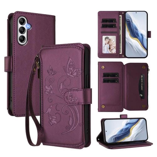 Funda de cuero con cremallera para Samsung Galaxy M14 5G, diseño de mariposas, flores y amor, con múltiples tarjetas (morado oscuro)