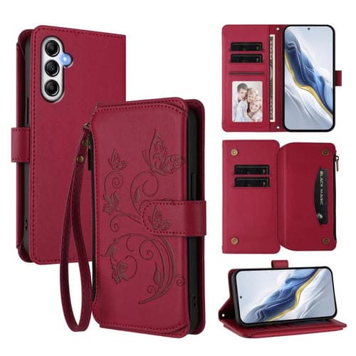 Funda de cuero con cremallera para Samsung Galaxy M14 5G, diseño de mariposas, flores y amor, con múltiples tarjetas (rojo vino)