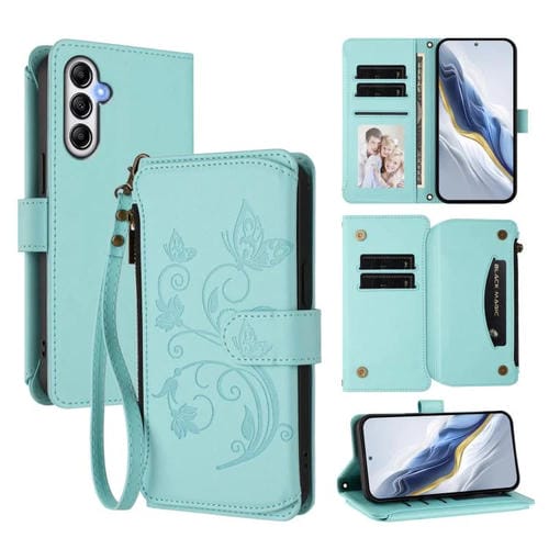 Funda de cuero con cremallera para Samsung Galaxy M14 5G, diseño de mariposas, flores y amor, con múltiples tarjetas (verde menta)
