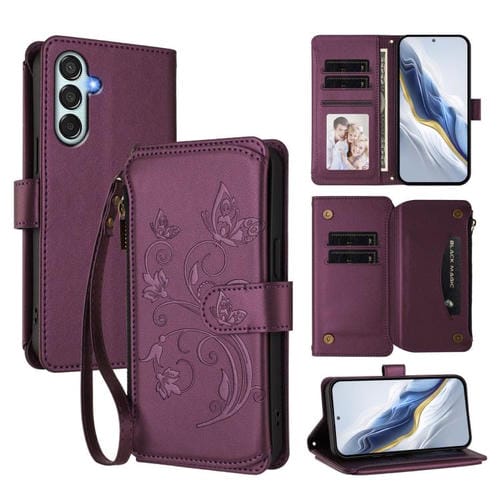 Funda de cuero con cremallera para Samsung Galaxy M15 5G / F15 5G, diseño de mariposas, flores y amor, con múltiples tarjetas (morado oscuro)