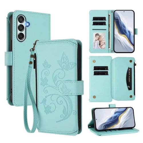 Funda de cuero con cremallera para Samsung Galaxy M35 5G, diseño de mariposas, flores y amor, con múltiples tarjetas (verde menta)