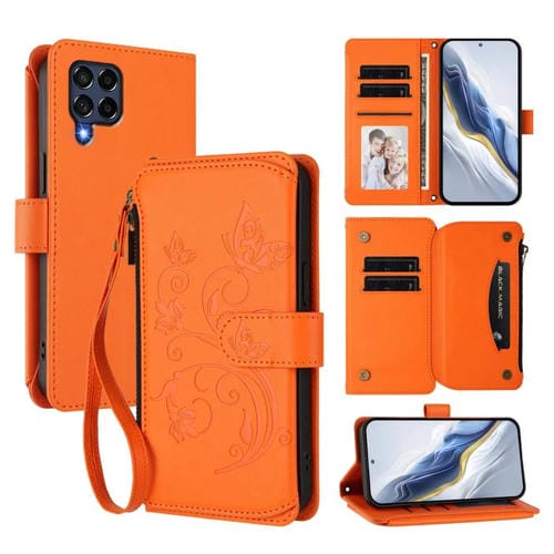 Funda de cuero con cremallera para Samsung Galaxy M53 5G, diseño de mariposas, flores y amor, con múltiples tarjetas (naranja)