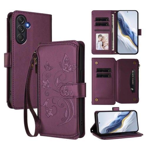 Funda de cuero con cremallera para Samsung Galaxy M54 5G / F54 5G, diseño de mariposas, flores y amor, con múltiples tarjetas (morado oscuro)