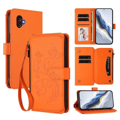 Funda de cuero con cremallera para Samsung Galaxy XCover6 Pro, diseño de mariposas, flores y amor (naranja)