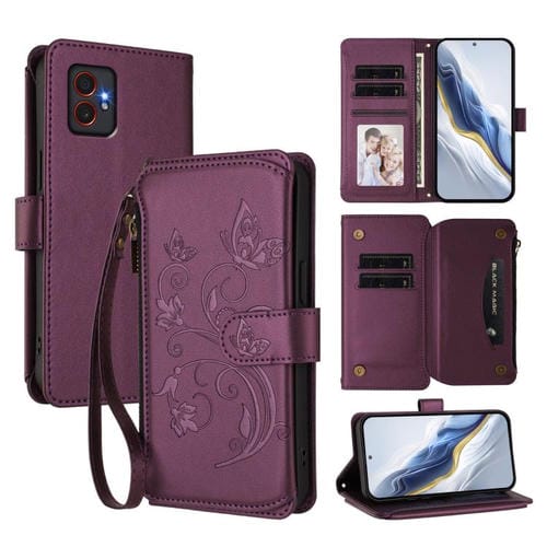Funda de cuero con cremallera para Samsung Galaxy XCover7 Pro, diseño de mariposas, flores y amor (morado oscuro)