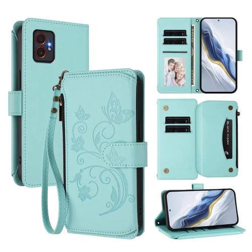 Funda de cuero con cremallera para Samsung Galaxy XCover7 Pro, diseño de mariposas, flores y amor, con múltiples tarjetas (verde menta)