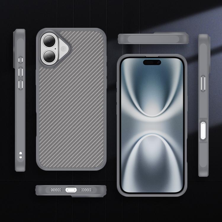 Funda MagSafe con textura de fibra de carbono y tacto suave para iPhone 16 (gris)