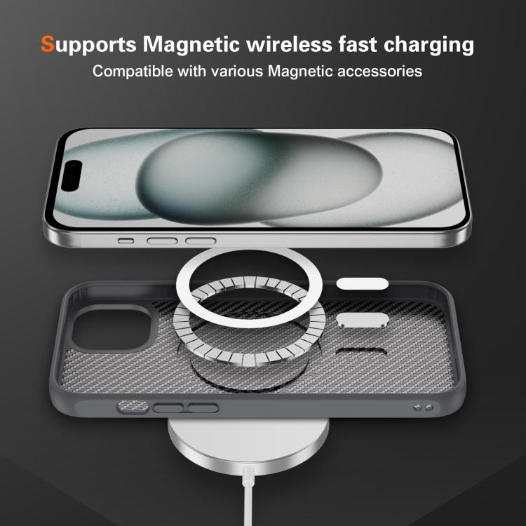 Funda MagSafe con textura de fibra de carbono y tacto suave para iPhone 15 (gris)