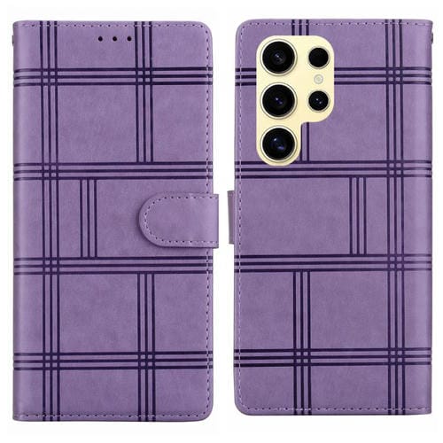Funda de piel con relieve a cuadros para Samsung Galaxy S23 Ultra 5G (morada)