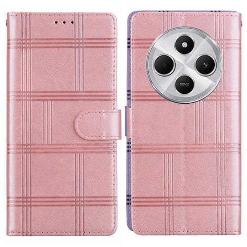 Funda de cuero con relieve a cuadros para Redmi 14C 5G (rosa)