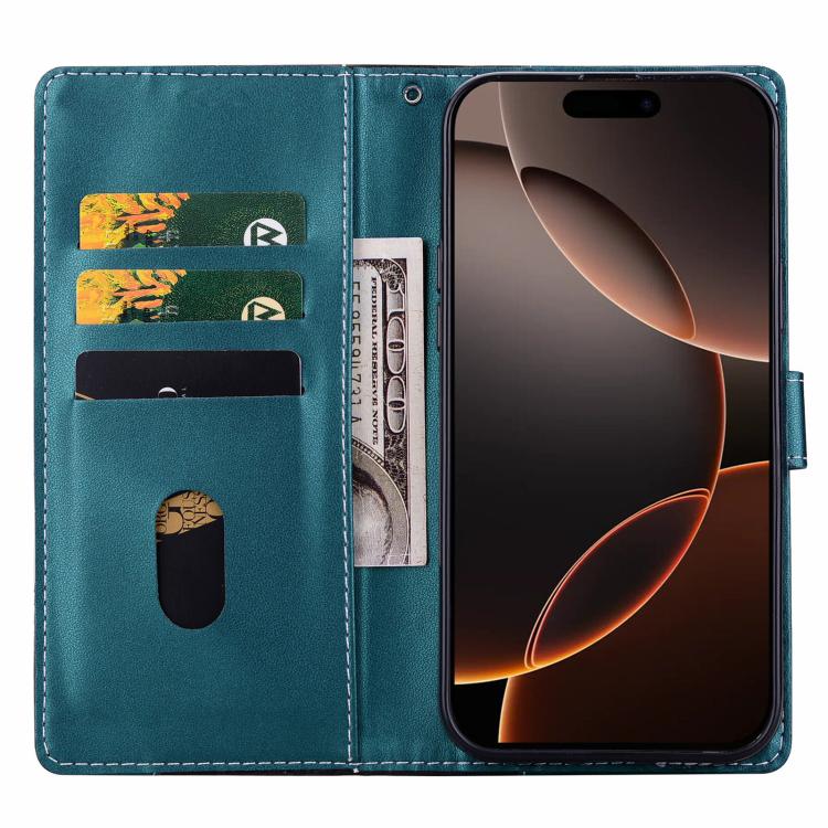Funda de cuero bicolor con relieve para iPhone 16e (negro y verde)