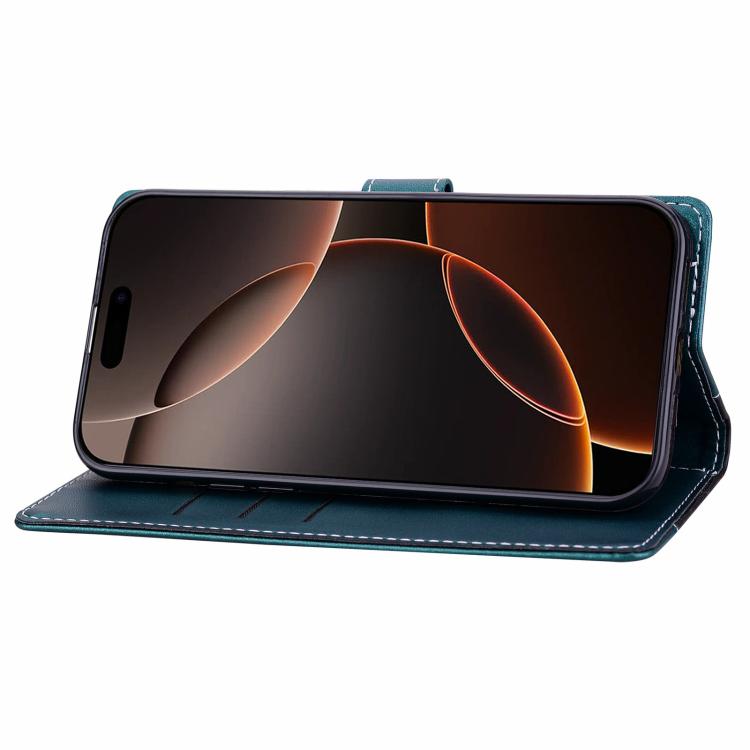 Funda de cuero bicolor con relieve para iPhone 16e (negro y verde)