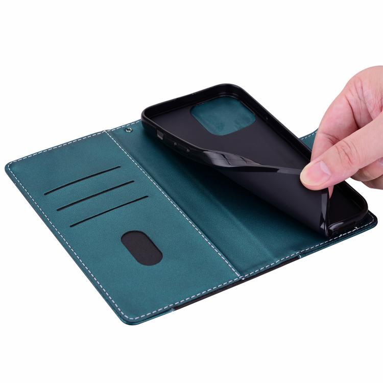 Funda de cuero bicolor con relieve para iPhone 16e (negro y verde)