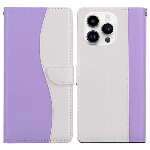 Funda de cuero bicolor con relieve para iPhone 16 Pro Max (morado y blanco)
