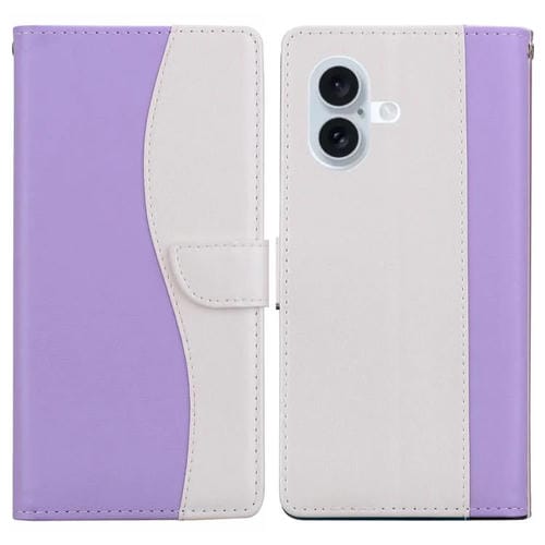 Funda de cuero bicolor con relieve para iPhone 16 (morado y blanco)