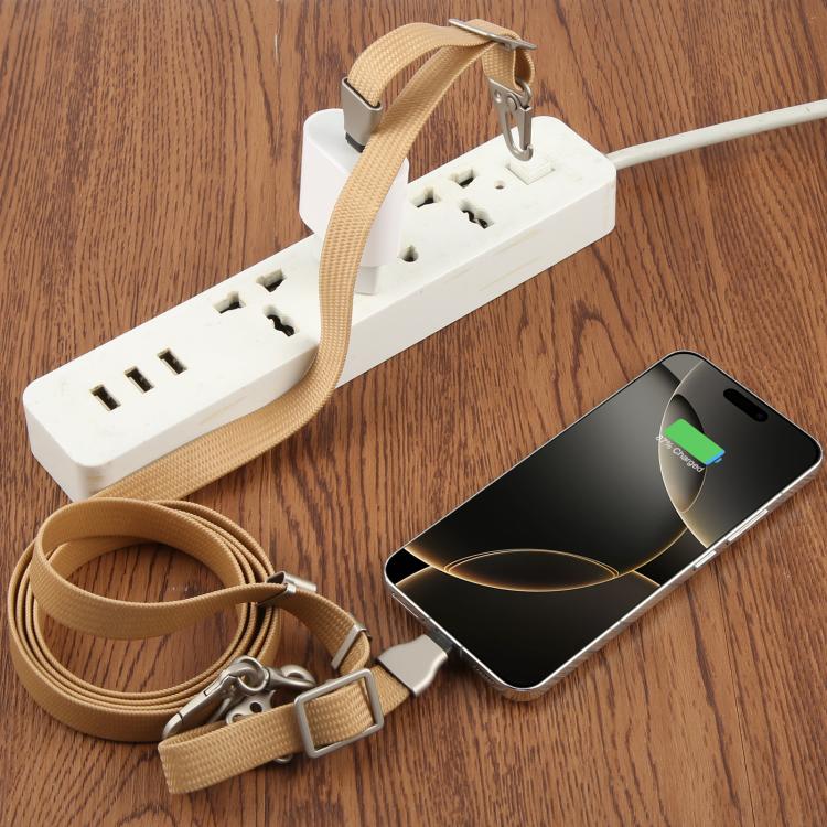 Type-C to Type-C Data Charging Cable Crossbody Phone Long Flat Lanyard(Khaki)