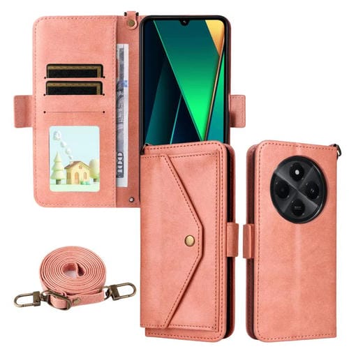 Funda de piel de vacuno cruzada con ranuras para múltiples tarjetas para Redmi 14C 5G / 4G / A4 5G (rosa)