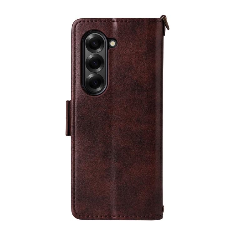Funda de piel de vacuno cruzada con ranuras para múltiples tarjetas para Samsung Galaxy Z Fold3 5G (marrón)