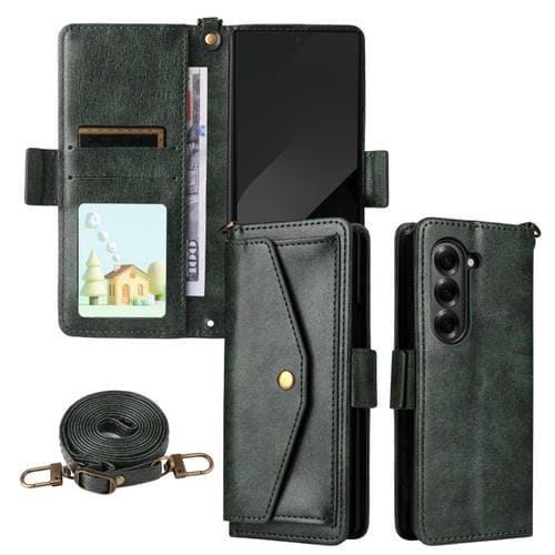 Funda de piel de vacuno cruzada con ranuras para múltiples tarjetas para Samsung Galaxy Z Fold3 5G (verde)