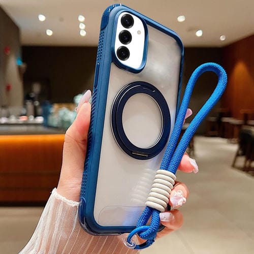 Funda MagSafe transparente con borde liso y soporte giratorio para Samsung Galaxy S25+/S24+ 5G, con correa para la muñeca (azul rey)