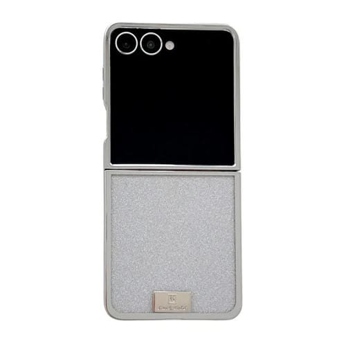 Funda para Samsung Galaxy Z Flip7 5G con marco chapado, placa de identificación de papel brillante y cobertura total (plateada)