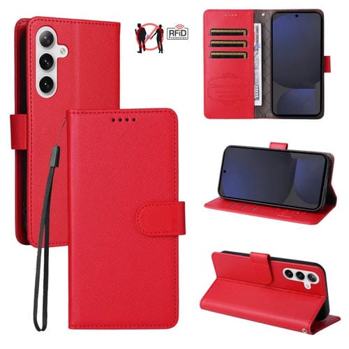 Funda de cuero con textura Litchi para Samsung Galaxy S24 FE 5G, con bloqueo RFID y capacidad para 3 tarjetas (roja)