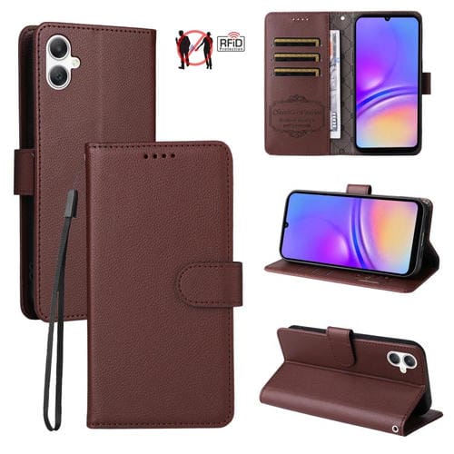 Funda de cuero con textura Litchi para Samsung Galaxy A07 4G/5G, con bloqueo RFID y capacidad para 3 tarjetas (marrón)