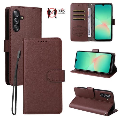 Funda de cuero con textura Litchi para Samsung Galaxy A16 4G/5G/A26, con bloqueo RFID y capacidad para 3 tarjetas (marrón)
