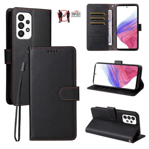 Funda de cuero con textura Litchi para Samsung Galaxy A53 5G, con bloqueo RFID y capacidad para 3 tarjetas (negro)