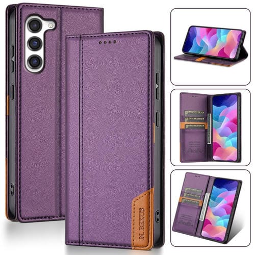 Funda de cuero con tapa magnética y costuras RFID para Samsung Galaxy S23 5G N.BEKUS P3 (morado)