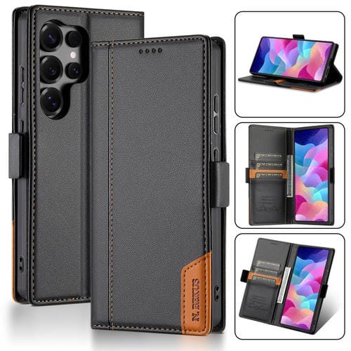 Funda de cuero con tapa magnética y costuras RFID para Samsung Galaxy S22 Ultra 5G N.BEKUS P3 (negro)